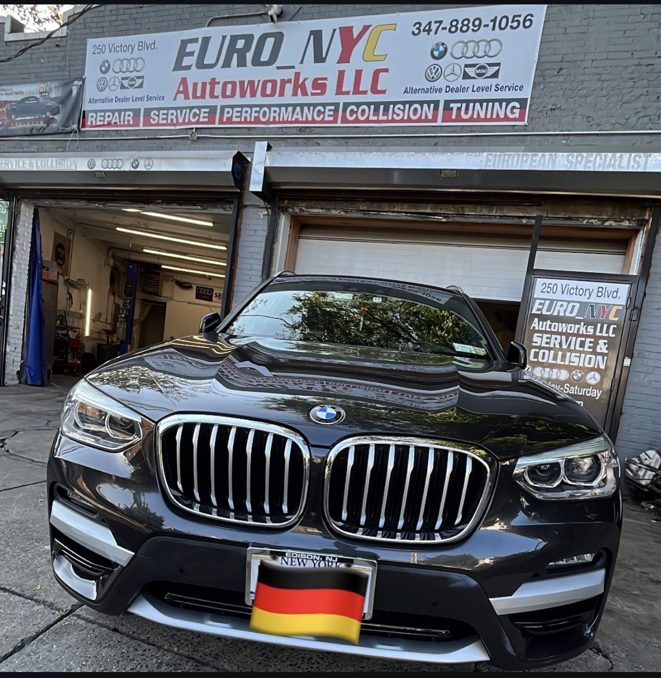 Euro NYC Autoworks storefront and BMW
