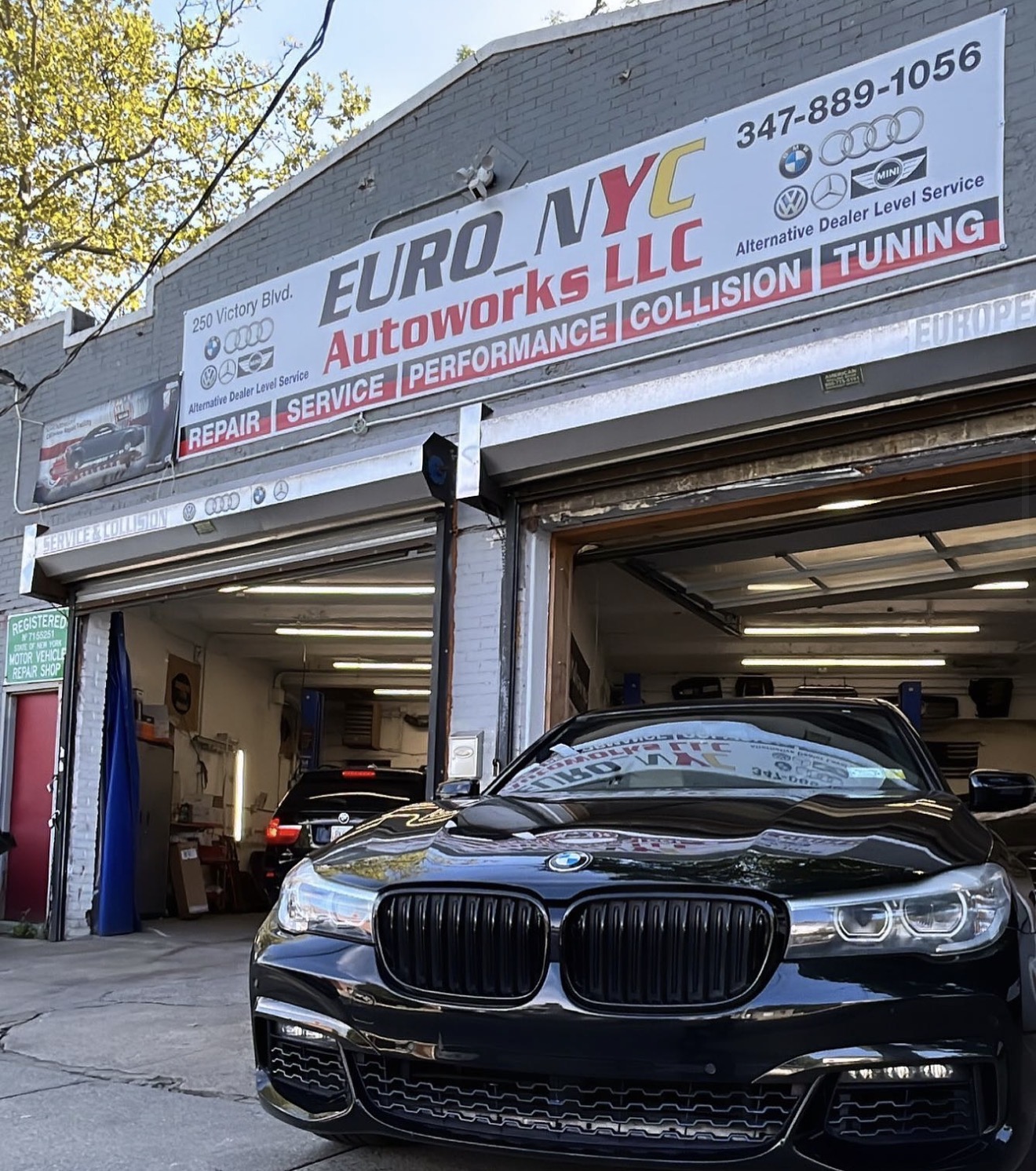 Euro NYC Autoworks storefront with BMW in front